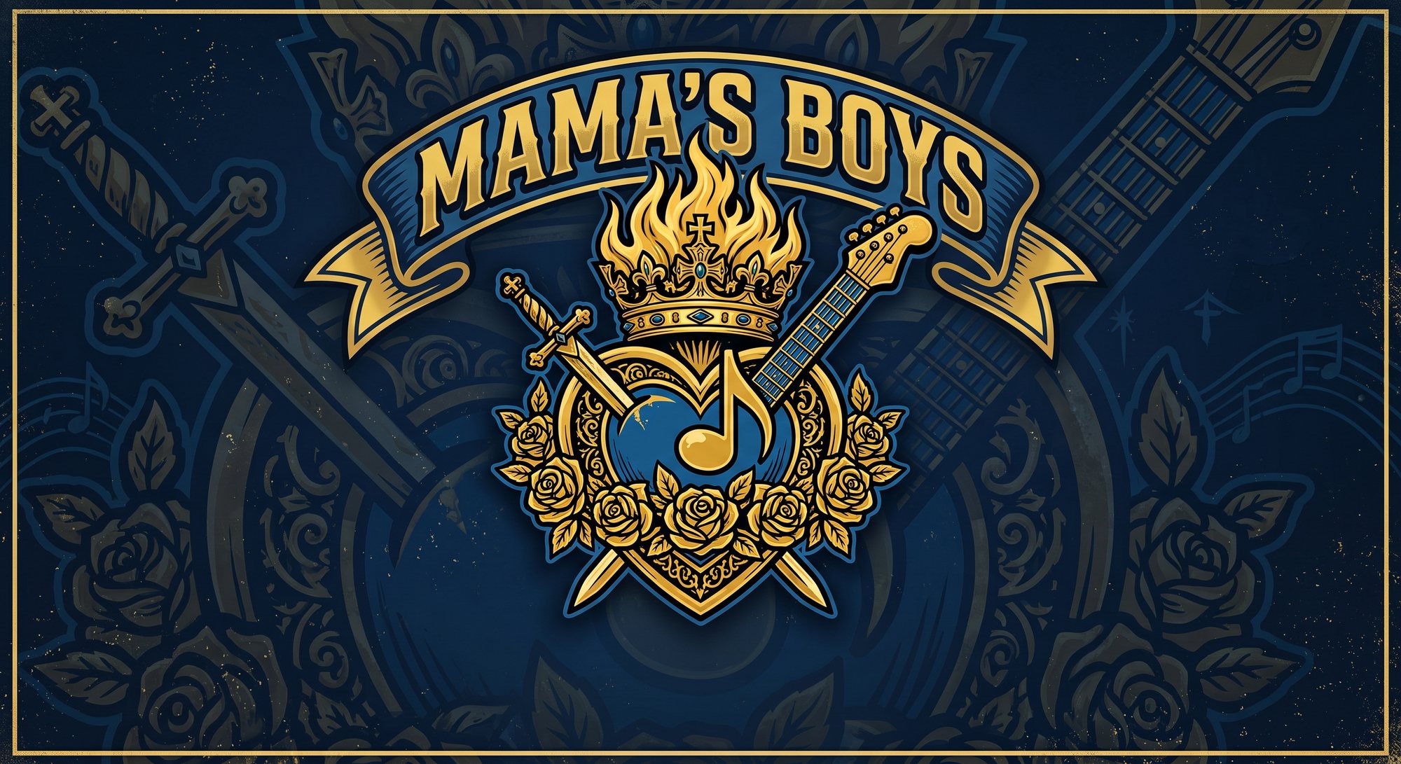 Mama's Boys crest — flaming crown, sword, guitar and roses